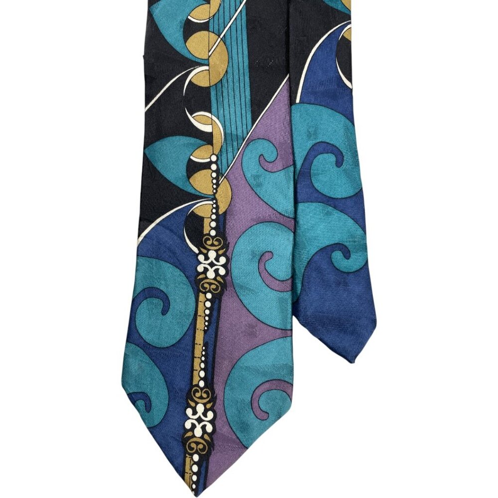 Vtg Martin Wong Screenplay Silk Tie Abstract Geometric Art Deco Blue Teal Purple